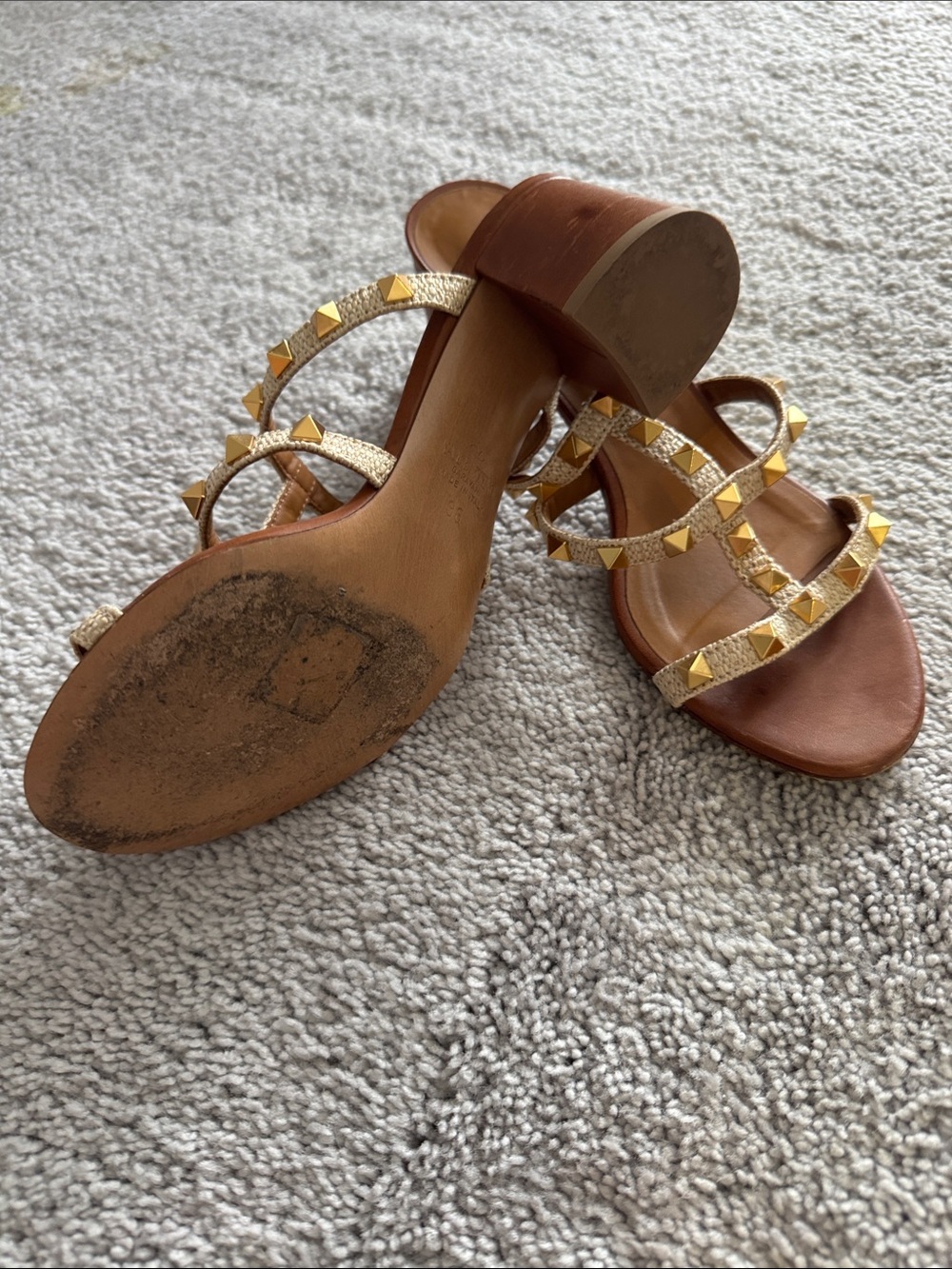 Valentino Gold-Studded Beige/Tan Leather Strappy Heels - Picture 4 of 4